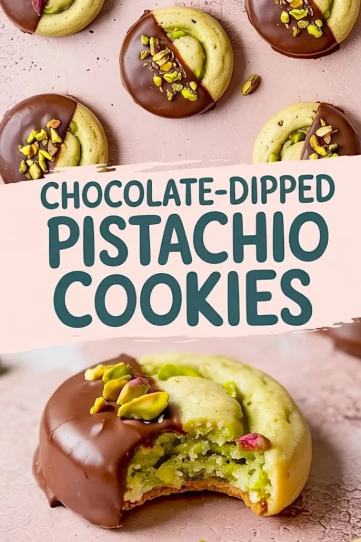 Vertical collage of chocolate-dipped pistachio cookies on a pink background with bold text overlay; includes close-up of a bitten cookie showing green pistachio filling.