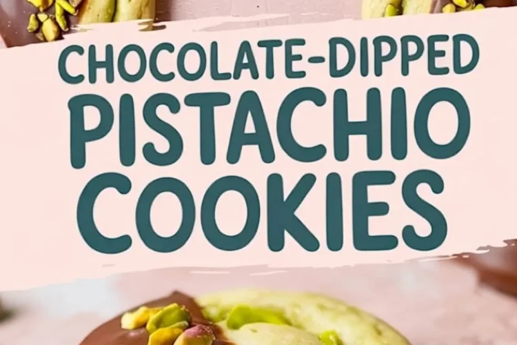 Vertical collage of chocolate-dipped pistachio cookies on a pink background with bold text overlay; includes close-up of a bitten cookie showing green pistachio filling.