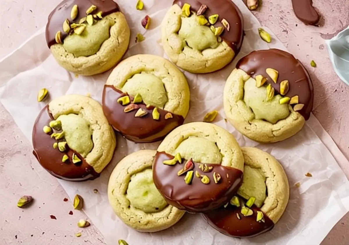 Flat lay of several chocolate-dipped pistachio cookies arranged on parchment over a pink surface, topped with crushed pistachios for decoration.