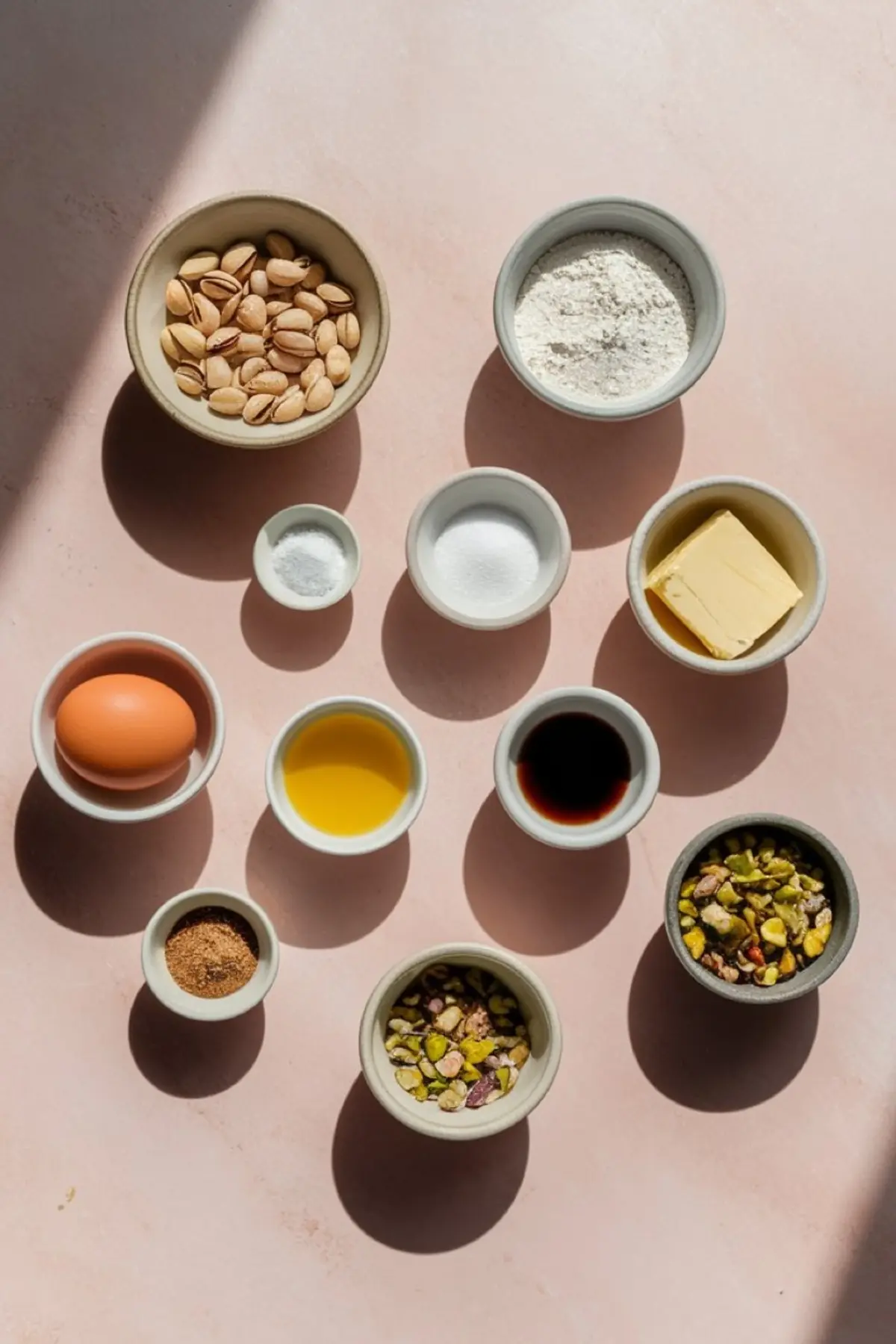 Overhead image of individual ingredients for baking pistachio cookies on a pink surface, including shelled pistachios, flour, butter, egg, sugar, vanilla extract, oil, baking soda, and ground pistachios.