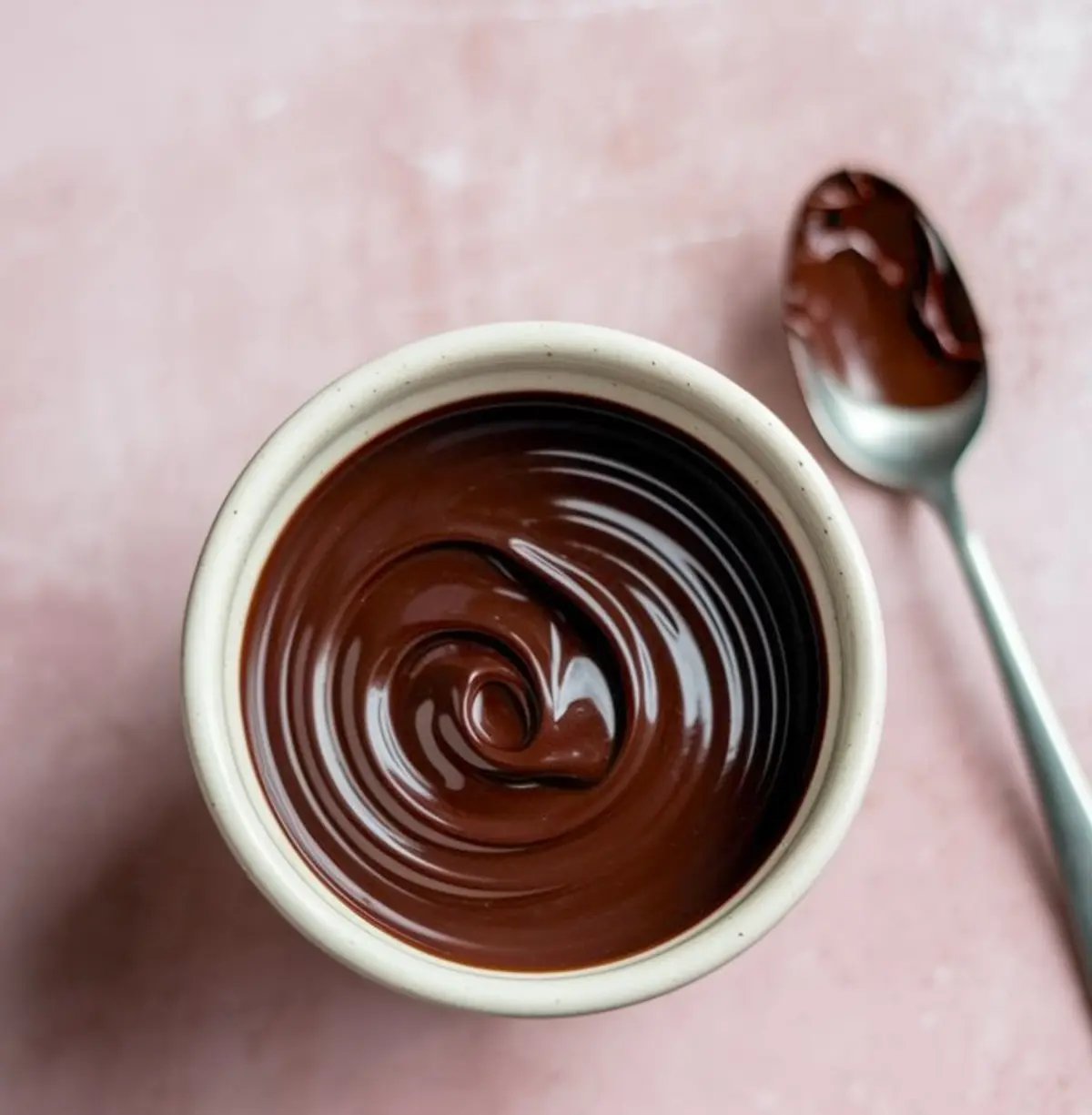 Small ceramic bowl filled with smooth, glossy melted chocolate, with a spoon beside it, on a pink textured background.