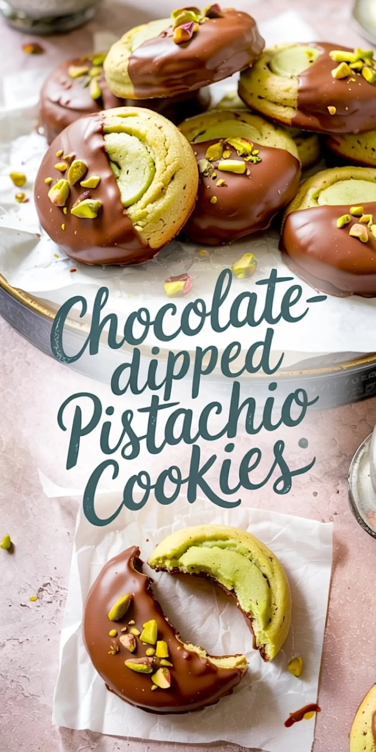 Vertical collage showing a plate stacked with chocolate-dipped pistachio cookies and a close-up of a cookie split in half on white parchment, over a pink background.