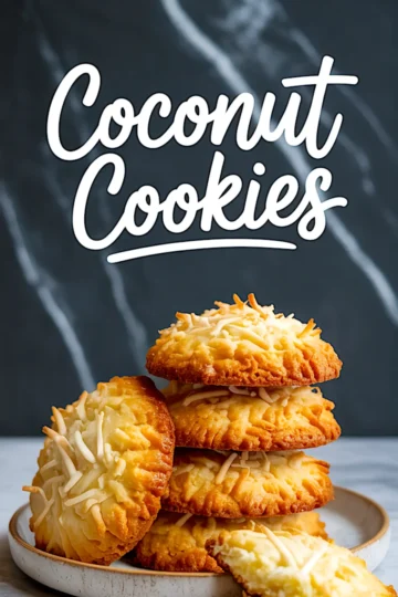 Stack of golden brown coconut cookies topped with toasted shredded coconut on a round plate, set against a dark marbled background with bold “Coconut Cookies” text above.
