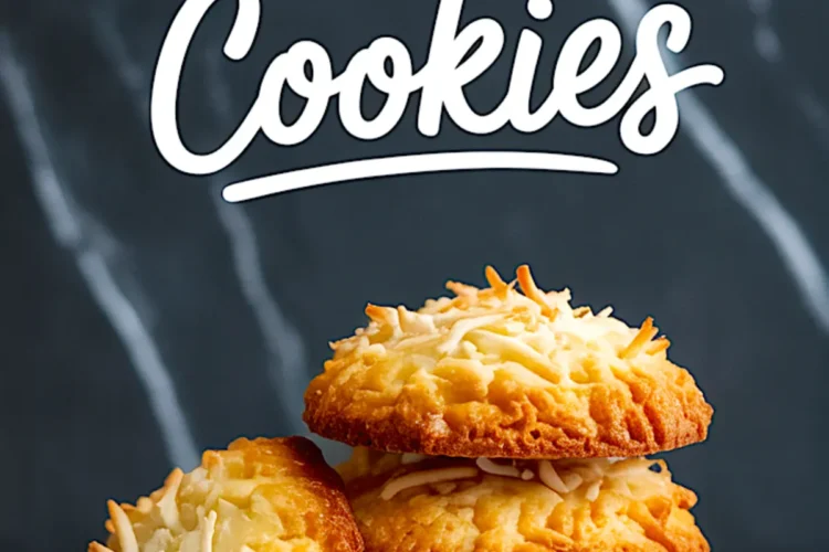 Stack of golden brown coconut cookies topped with toasted shredded coconut on a round plate, set against a dark marbled background with bold “Coconut Cookies” text above.