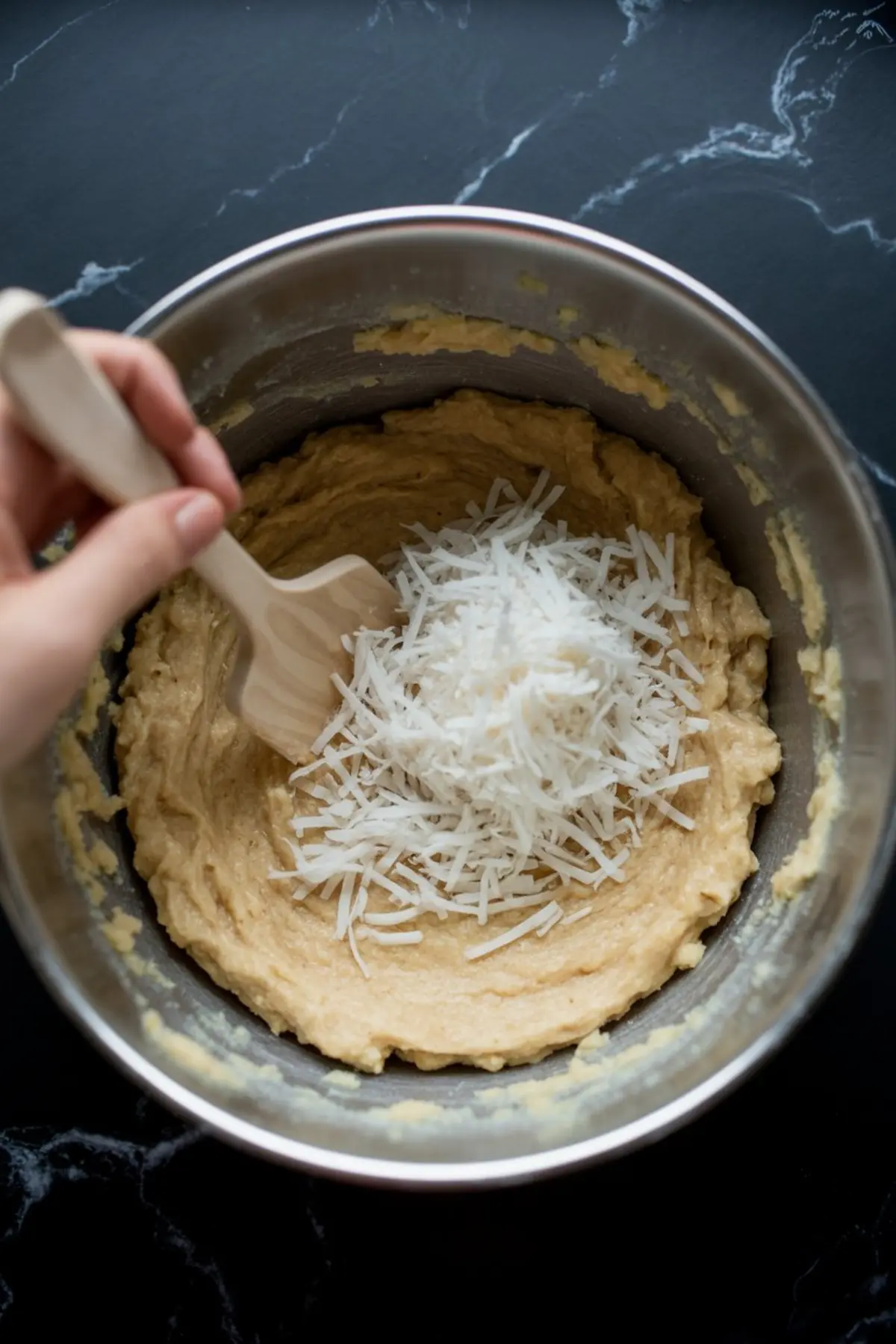 Overhead view of shredded coconut being stirred into a thick cookie dough batter in a metal mixing bowl, using a light wooden spatula, on a dark marble countertop.
