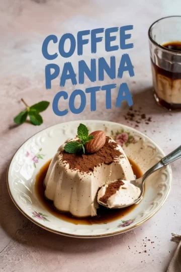 Silky coffee panna cotta partially spooned out on a floral porcelain plate, topped with cocoa, almond, and mint, placed beside a glass of espresso and mint sprig on a blush backdrop.