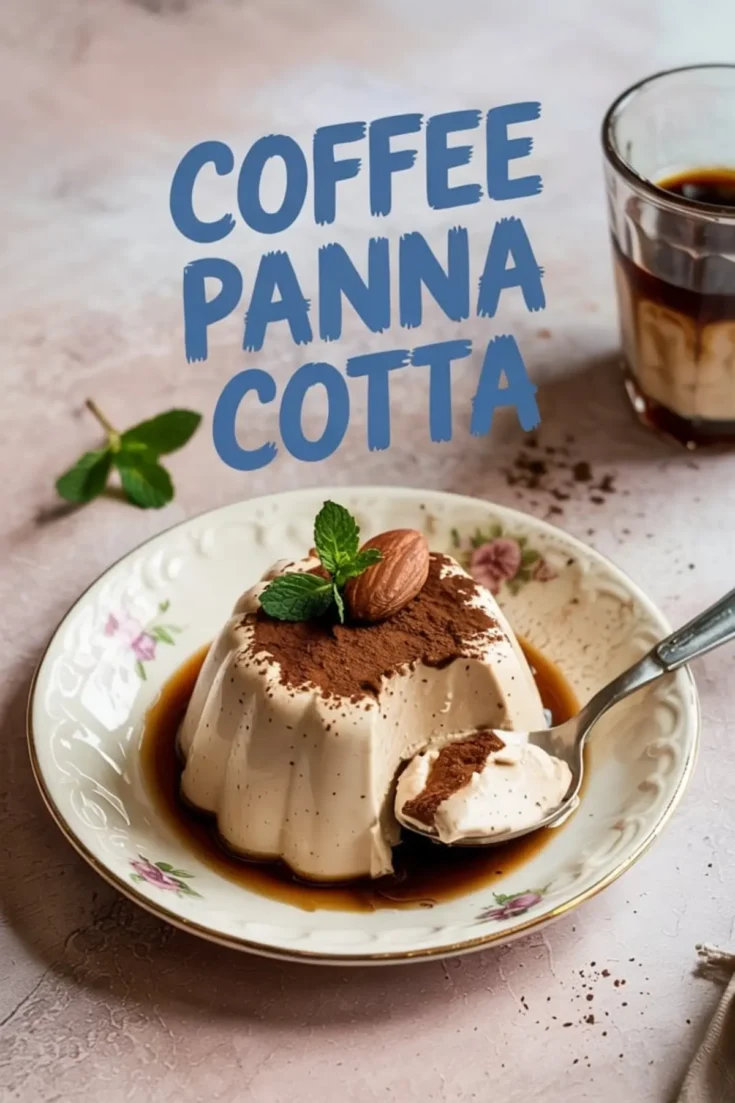 Silky coffee panna cotta partially spooned out on a floral porcelain plate, topped with cocoa, almond, and mint, placed beside a glass of espresso and mint sprig on a blush backdrop.