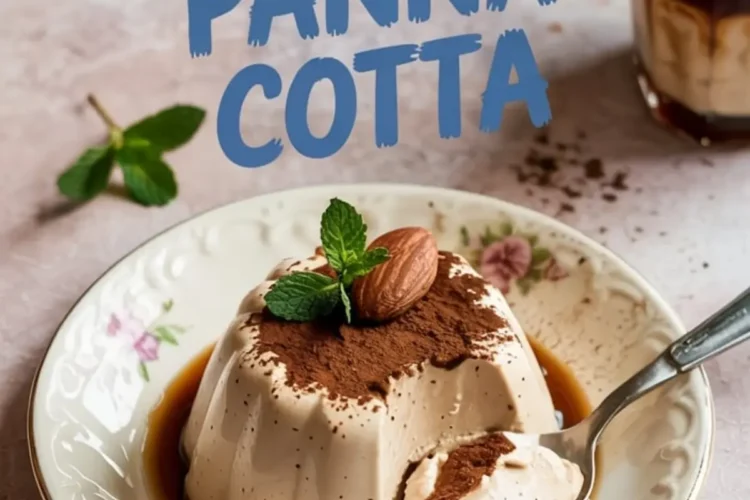 Silky coffee panna cotta partially spooned out on a floral porcelain plate, topped with cocoa, almond, and mint, placed beside a glass of espresso and mint sprig on a blush backdrop.