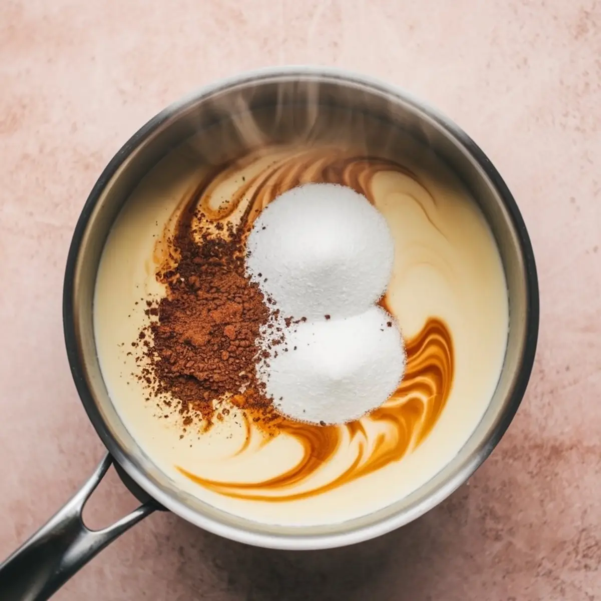 Steamy saucepan with cream, coffee powder, and sugar swirling together, capturing the beginning of the coffee panna cotta cooking process on a pink textured countertop.
