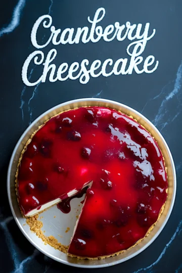 Overhead shot of cranberry cheesecake on a marble surface with “Cranberry Cheesecake” written above, featuring a clean slice removed to show the rich, layered interior—fits cranberry cheesecake recipes and cranberry orange cheesecake.