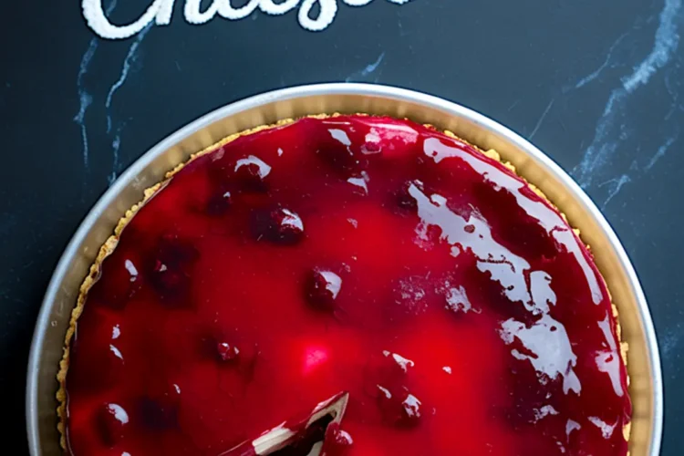 Overhead shot of cranberry cheesecake on a marble surface with “Cranberry Cheesecake” written above, featuring a clean slice removed to show the rich, layered interior—fits cranberry cheesecake recipes and cranberry orange cheesecake.