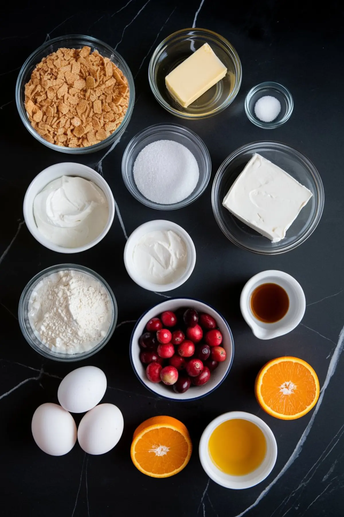 Overhead view of individual cranberry cheesecake ingredients including graham cracker crumbs, butter, cream cheese, sugar, sour cream, flour, eggs, vanilla, cranberries, and fresh oranges—ideal for cranberry orange desserts and cranberry cheesecake recipes.