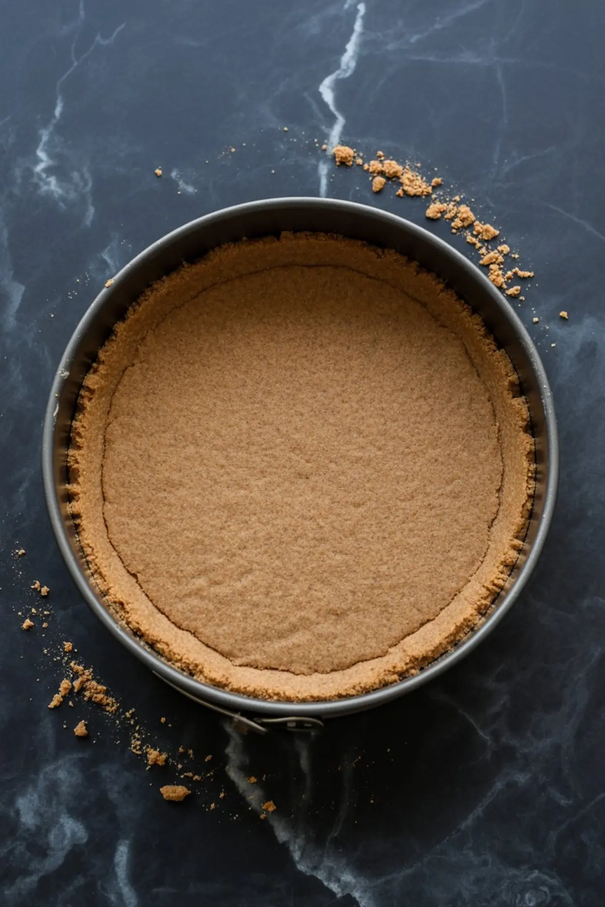 Graham cracker crust pressed into a round springform pan with crumbs around the edges, perfect for cranberry swirl cheesecake and Thanksgiving cheesecake recipes.