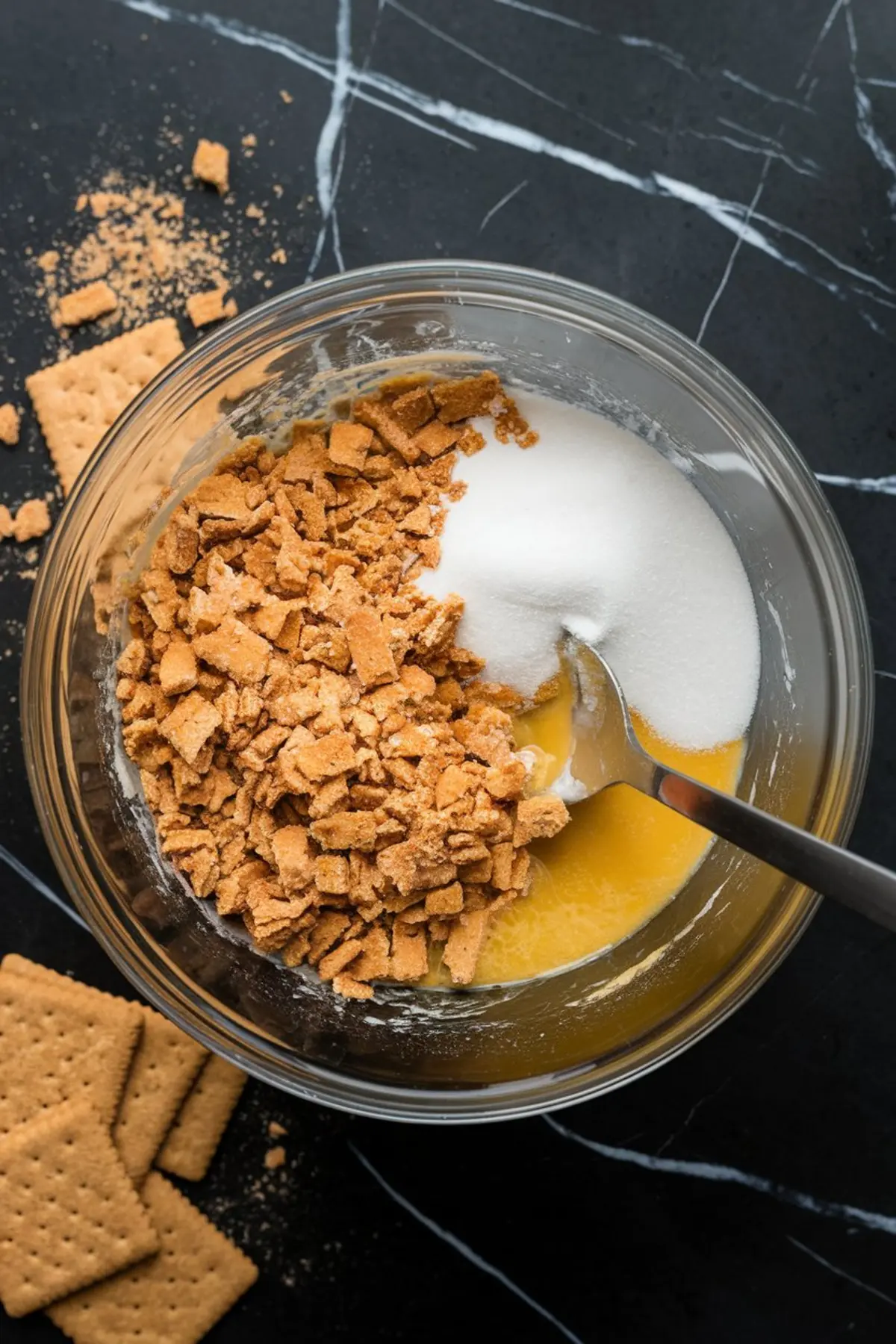 Mixing bowl with crushed graham crackers, white sugar, and melted butter, next to whole graham crackers—used for base in cranberry cheesecake recipes and cranberry orange desserts.