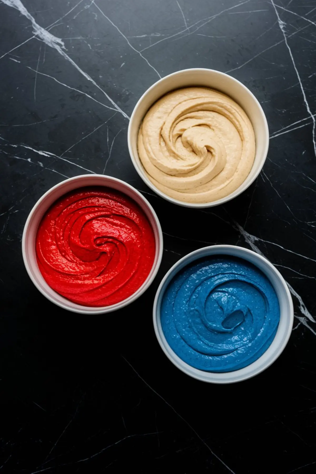 Three bowls of cake batter in red, white, and blue colors arranged on a black marble surface, showcasing vibrant patriotic hues for a Fourth of July cake or USA-themed dessert.