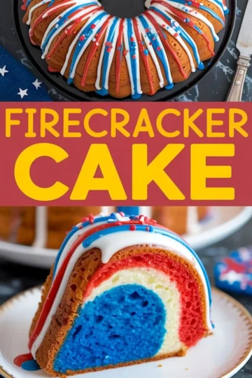 Firecracker bundt cake with red, white, and blue drizzle and star sprinkles, paired with a slice revealing colorful layers, ideal for 4th of July cake ideas or a patriotic birthday cake.