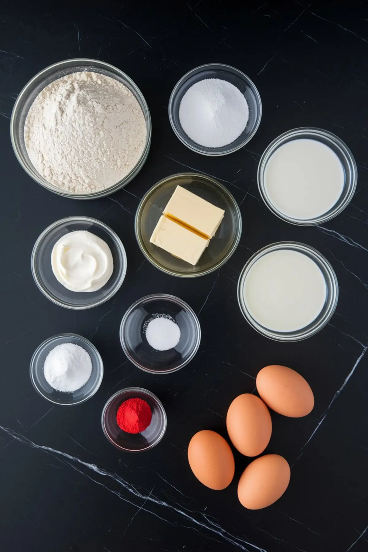Flat lay of patriotic cake ingredients including flour, sugar, eggs, butter, milk, sour cream, baking powder, salt, red food coloring, and baking soda on a dark surface, organized for baking a Fourth of July birthday cake.