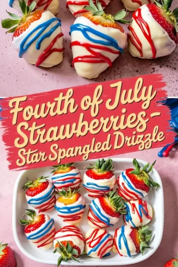 Patriotic chocolate-dipped strawberries decorated with red and blue drizzle arranged in a white dish with “Fourth of July Strawberries - Star Spangled Drizzle” text overlay.