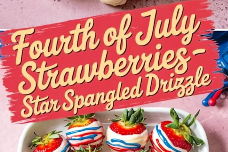 Patriotic chocolate-dipped strawberries decorated with red and blue drizzle arranged in a white dish with “Fourth of July Strawberries - Star Spangled Drizzle” text overlay.