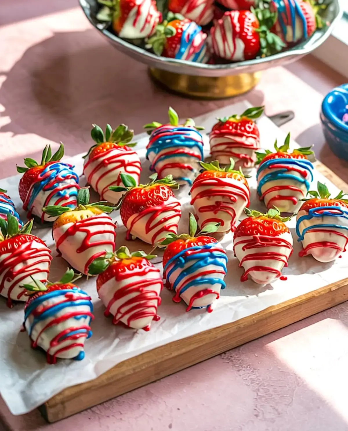 Tray of white chocolate-covered strawberries decorated with red and blue drizzle, lit by natural sunlight, with more decorated strawberries visible in a silver bowl in the background.
