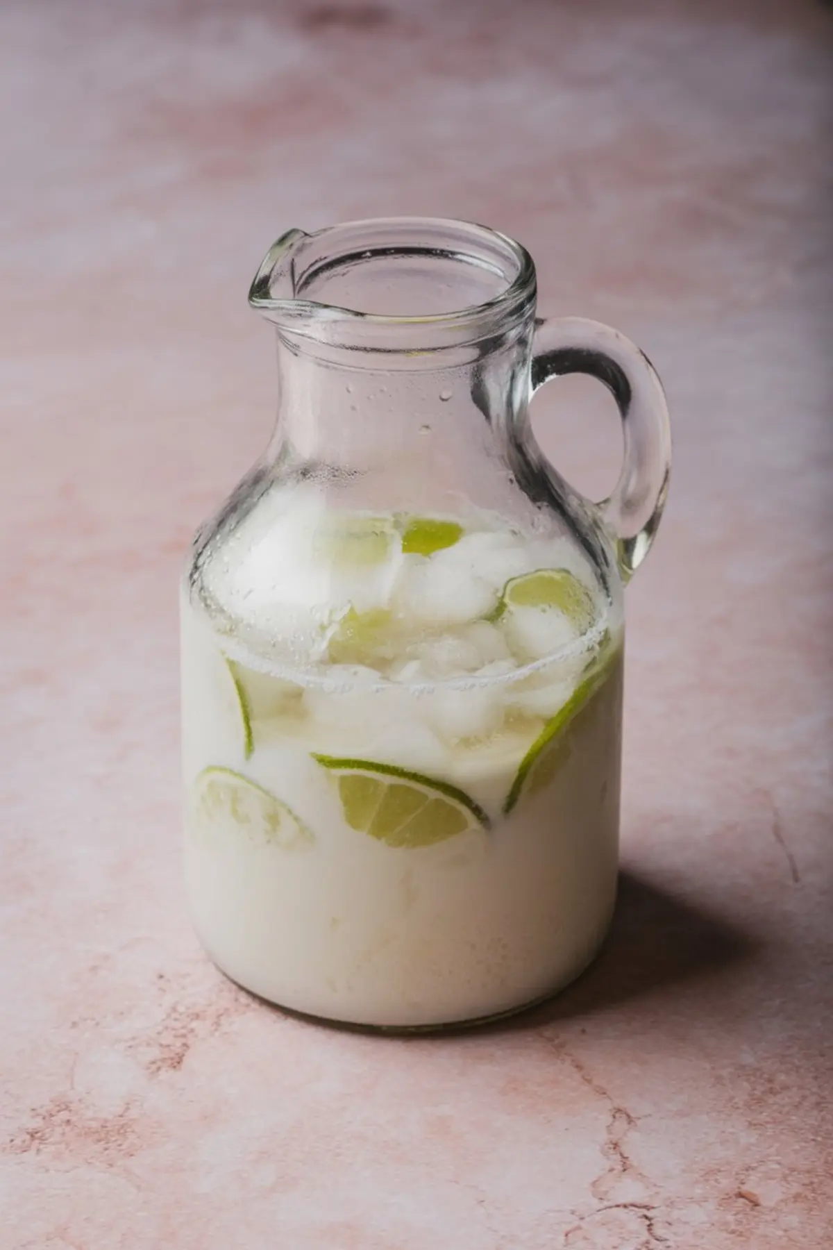 Glass pitcher filled with a white coconut and lime margarita mixture, garnished with lime slices and ice cubes on a pink surface.
