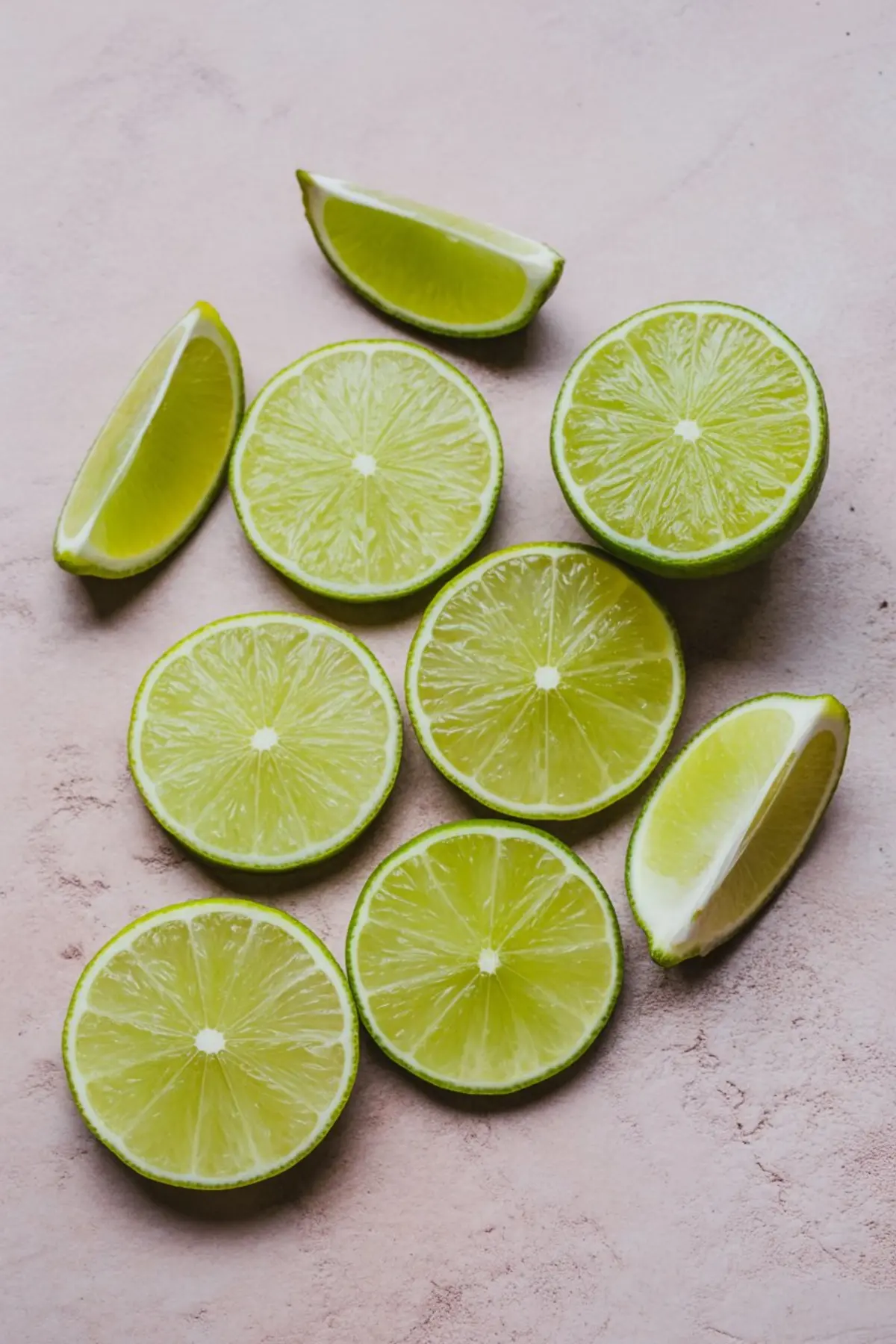 Assortment of fresh lime slices and wedges arranged on a textured pink surface, ready to be used as garnish for cocktails or margaritas.
