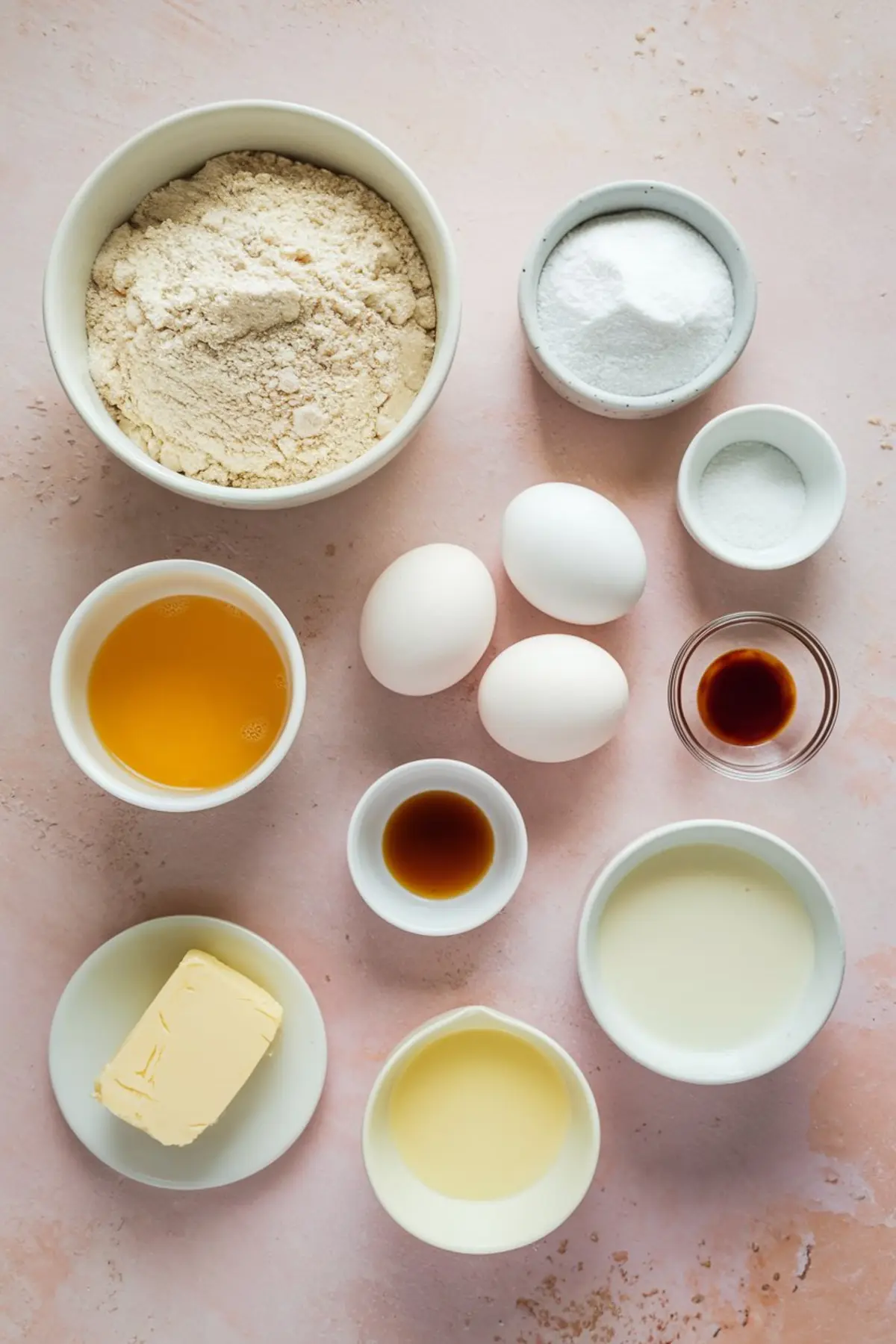 Flat lay of Hawaiian butter mochi ingredients arranged in white bowls on a pink surface, featuring mochiko rice flour, sugar, eggs, butter, coconut milk, vanilla extract, and baking powder for a chewy mochi dessert.