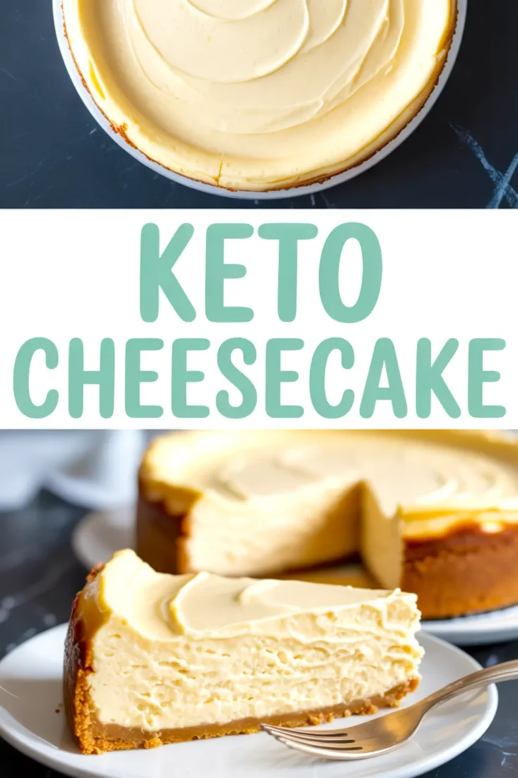 Collage image showing a full baked keto cheesecake from above and a slice on a plate below, with “KETO CHEESECAKE” in bold teal text between views.