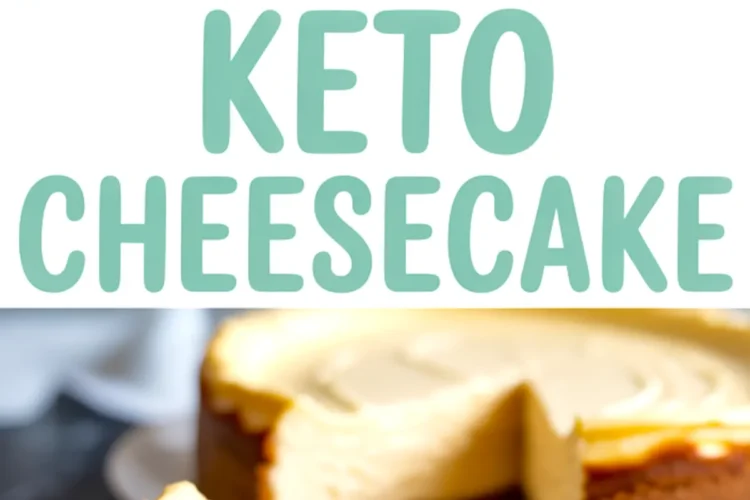 Collage image showing a full baked keto cheesecake from above and a slice on a plate below, with “KETO CHEESECAKE” in bold teal text between views.
