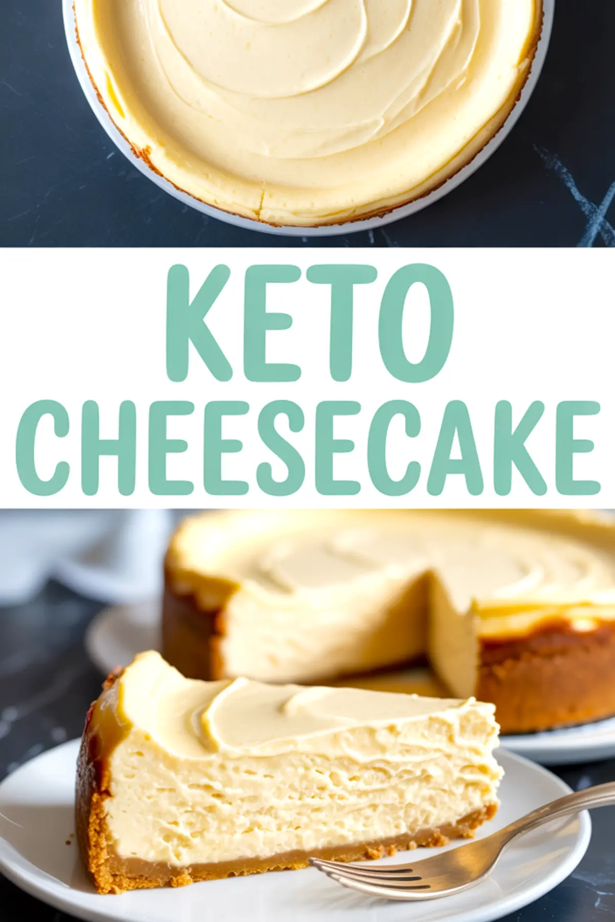Collage image showing a full baked keto cheesecake from above and a slice on a plate below, with “KETO CHEESECAKE” in bold teal text between views.
