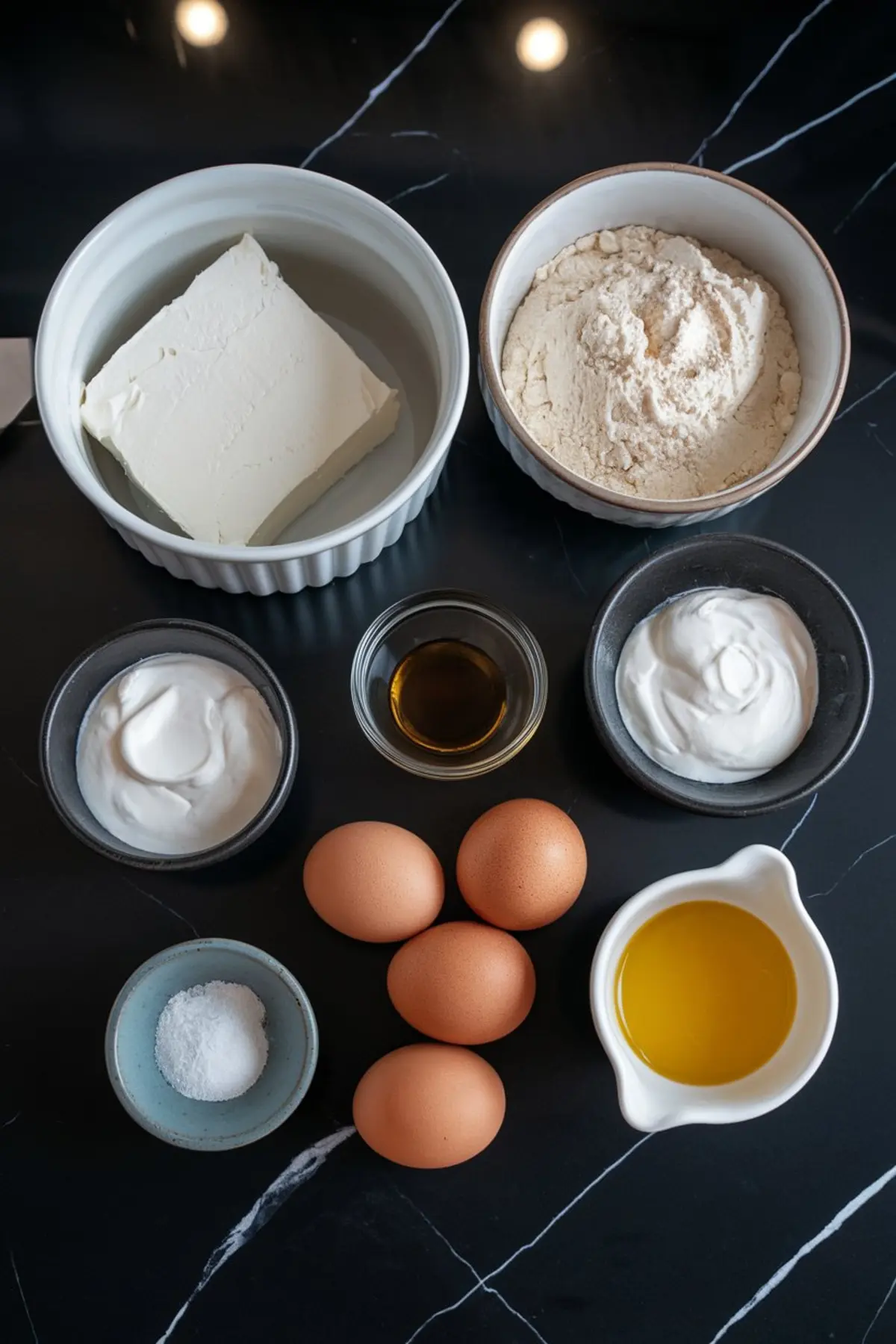 Flat lay of keto cheesecake ingredients including cream cheese, almond flour, sour cream, eggs, vanilla extract, olive oil, and baking powder on black marble.
