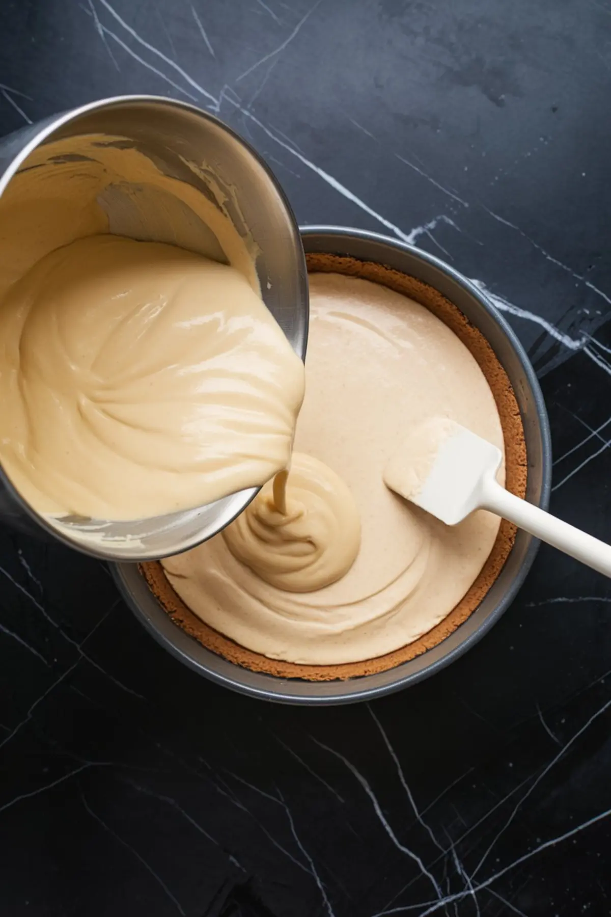 Thick peanut butter cheesecake filling being poured from a mixing bowl into a prepared almond flour crust with a spatula.