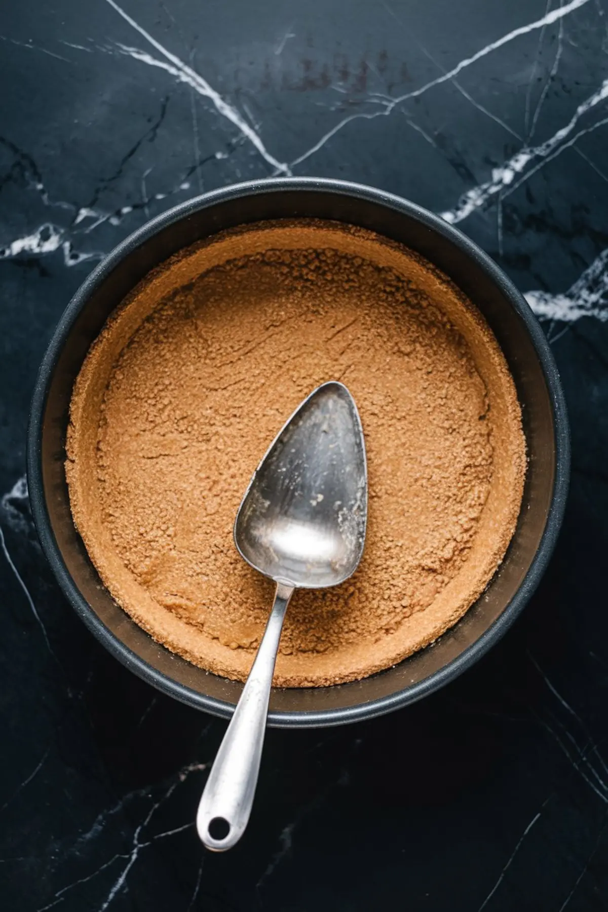 Round cake pan filled with pressed almond flour crust, flattened with a metal cake server on a black marble background.