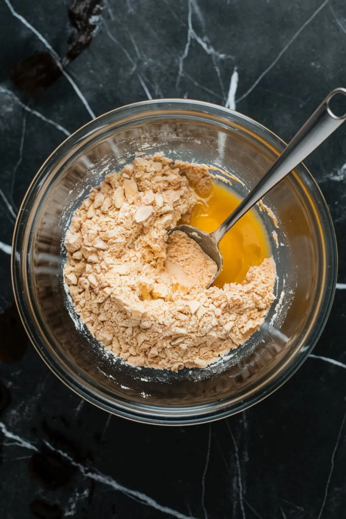 Glass mixing bowl with almond flour and melted butter being mixed with a spoon on a dark marbled surface.