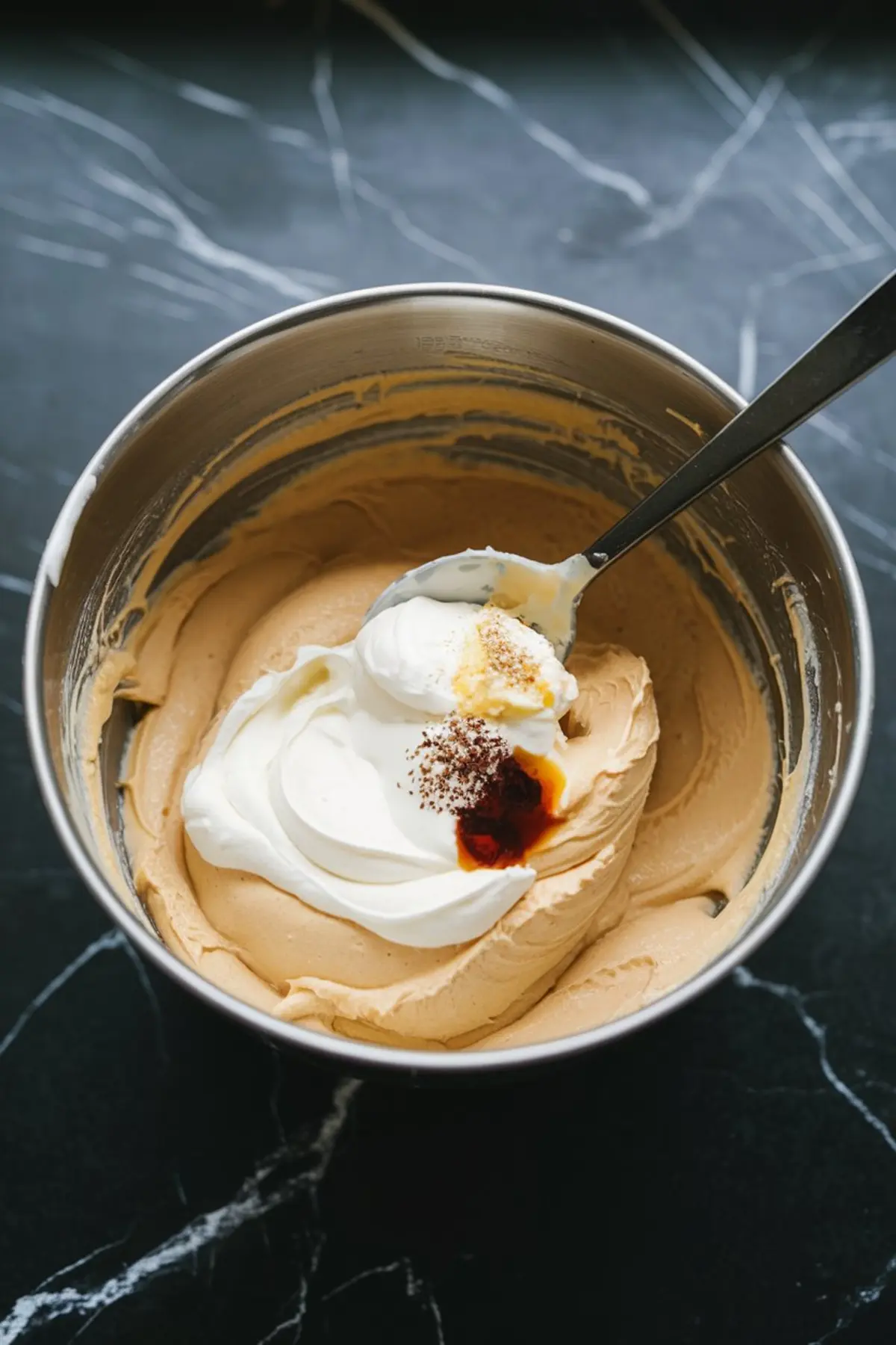 Metal bowl filled with creamy peanut butter cheesecake mixture, topped with sour cream, vanilla extract, and spices before blending.