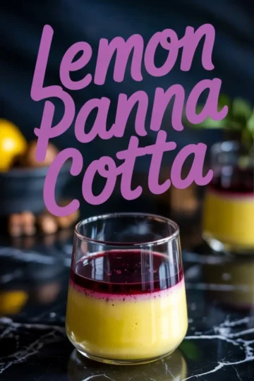 Single serving of lemon panna cotta in a clear glass with smooth lemon custard base and a glossy blueberry compote topping, styled on a black marble table with blurred ingredients in the background.
