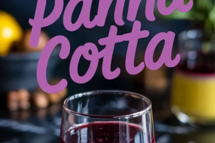 Single serving of lemon panna cotta in a clear glass with smooth lemon custard base and a glossy blueberry compote topping, styled on a black marble table with blurred ingredients in the background.