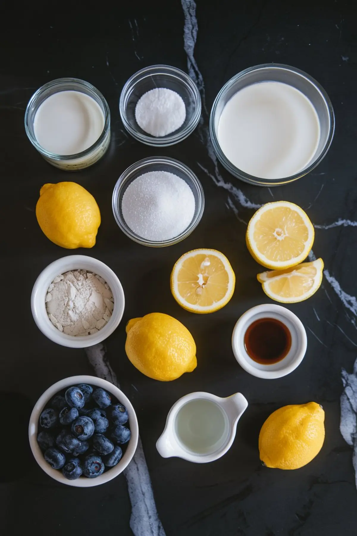 Flat lay of fresh lemon panna cotta ingredients on a dark countertop, including whole lemons, lemon halves, fresh blueberries, cream, milk, vanilla extract, sugar, and flour in glass and ceramic bowls.
