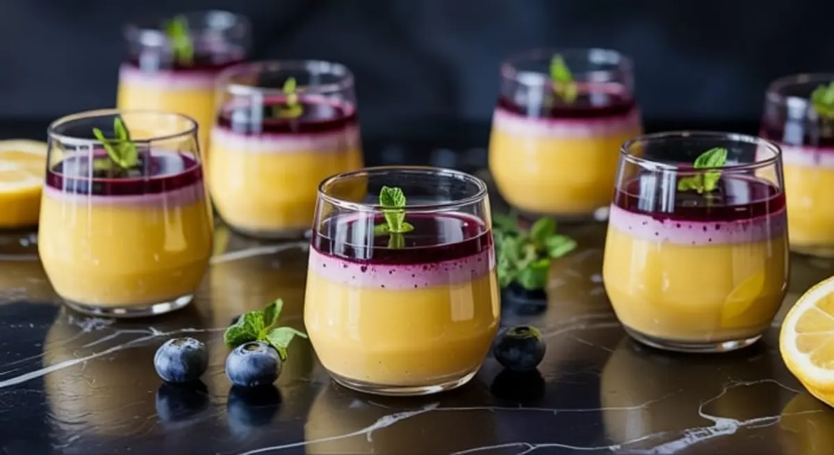 Group of lemon panna cotta glasses arranged on a black marble surface, each with bright lemon custard and dark blueberry topping, garnished with mint leaves and surrounded by whole blueberries and lemon slices.
