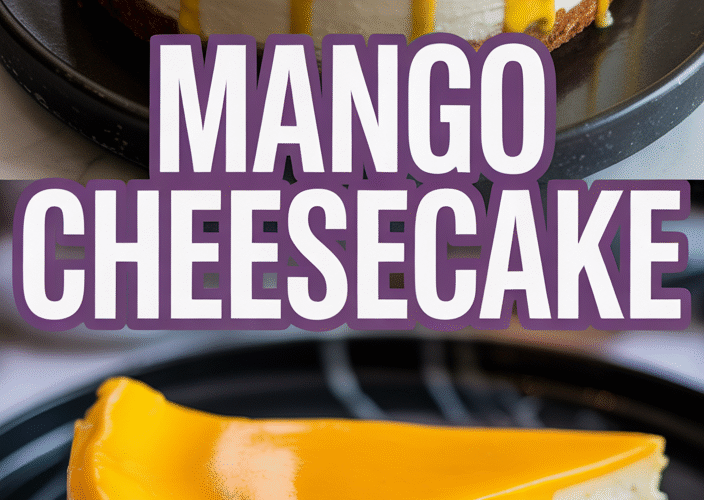 Collage of mango cheesecake with thick mango topping dripping down the sides and a close-up of a single slice, with the label “Mango Cheesecake.”