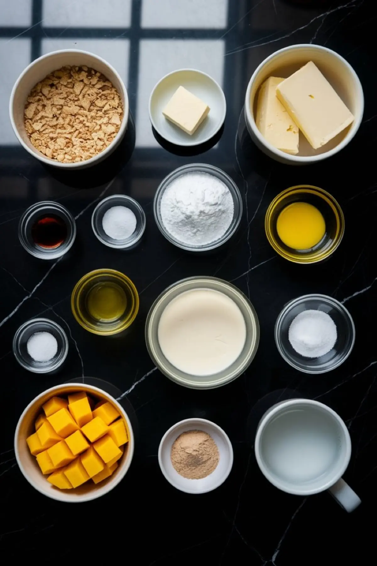 Overhead view of mango cheesecake ingredients including cubed mango, cream cheese, powdered sugar, butter, biscuits, vanilla, and gelatin arranged in small bowls.
