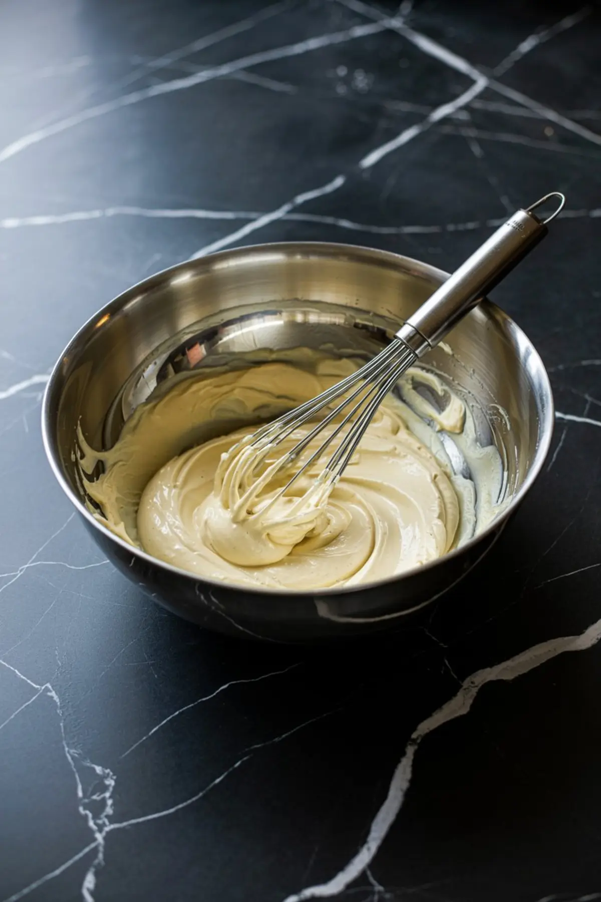 Whipped cheesecake batter in a stainless steel mixing bowl with a metal whisk resting inside, on a dark marble background.