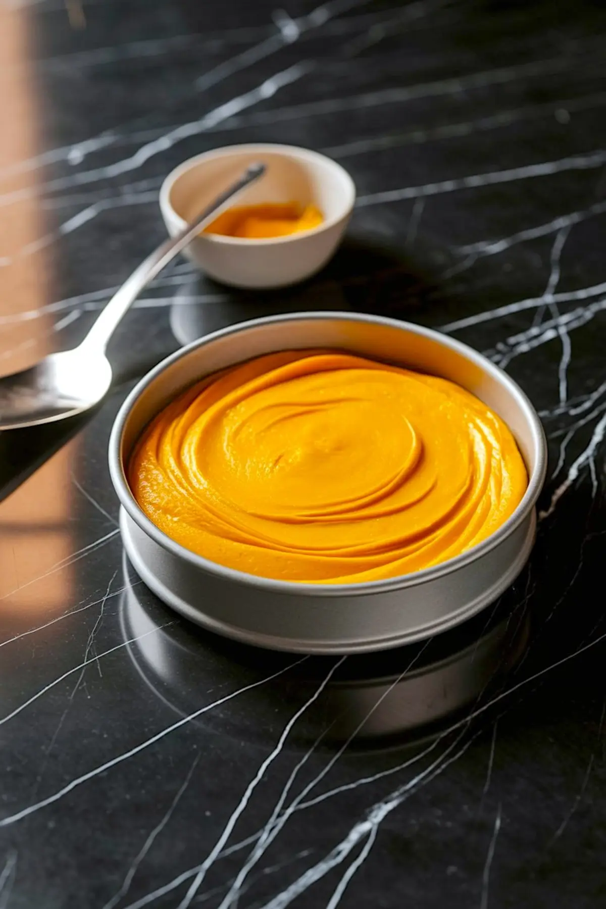 Smooth mango filling swirled in a round cake pan, placed on a dark marble surface with a small bowl of extra puree in the background.