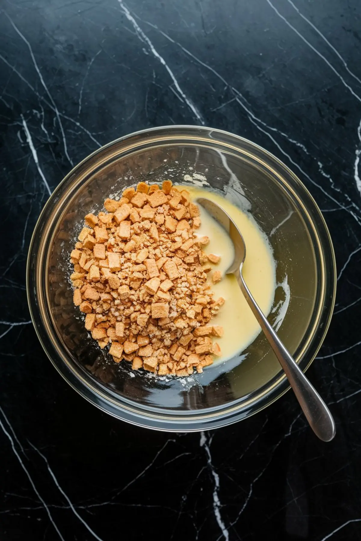 Crushed graham crackers added to sweetened condensed milk in a glass mixing bowl with a spoon on a black marble countertop.