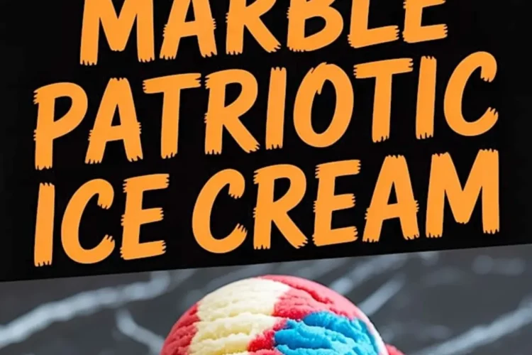 Red, white, and blue marble ice cream scoops served in a white ramekin on black marble, with bold text reading “Marble Patriotic Ice Cream” across the center, perfect for Fourth of July or summer dessert ideas.