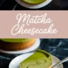 Flat-lay collage of a full matcha cheesecake with a shiny green tea topping and a single plated slice, showing the creamy texture and biscuit base on a black marble surface.
