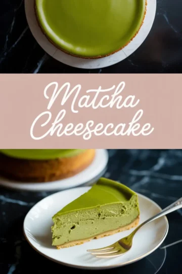 Flat-lay collage of a full matcha cheesecake with a shiny green tea topping and a single plated slice, showing the creamy texture and biscuit base on a black marble surface.