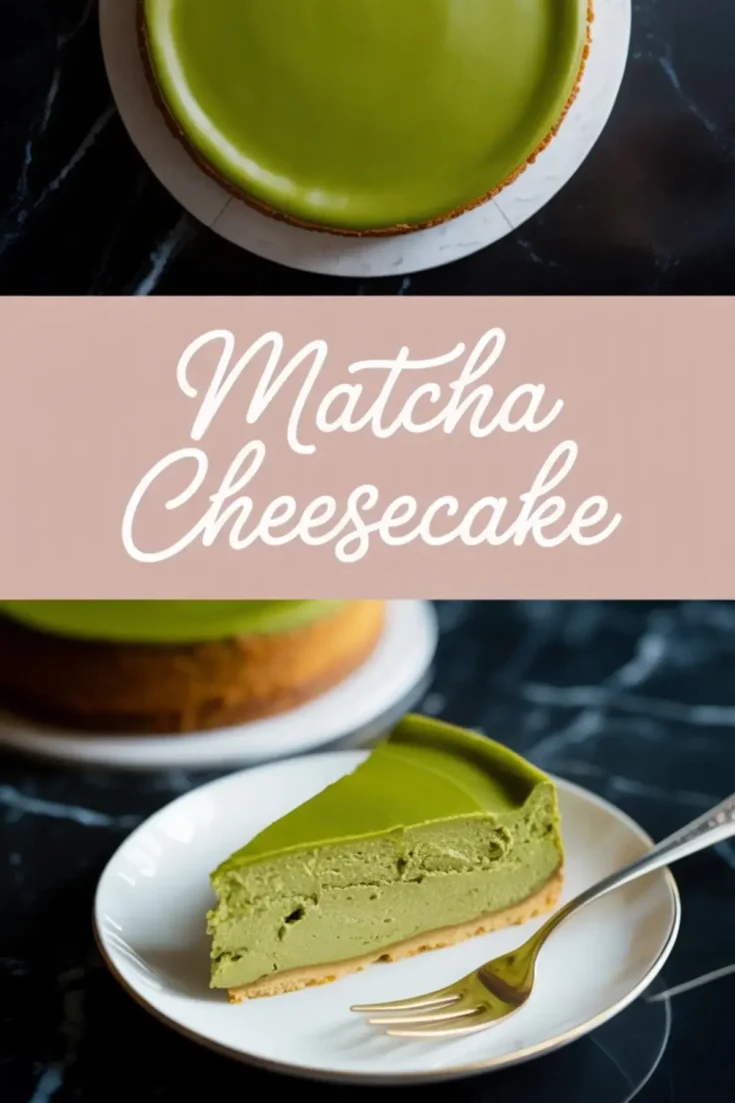 Flat-lay collage of a full matcha cheesecake with a shiny green tea topping and a single plated slice, showing the creamy texture and biscuit base on a black marble surface.