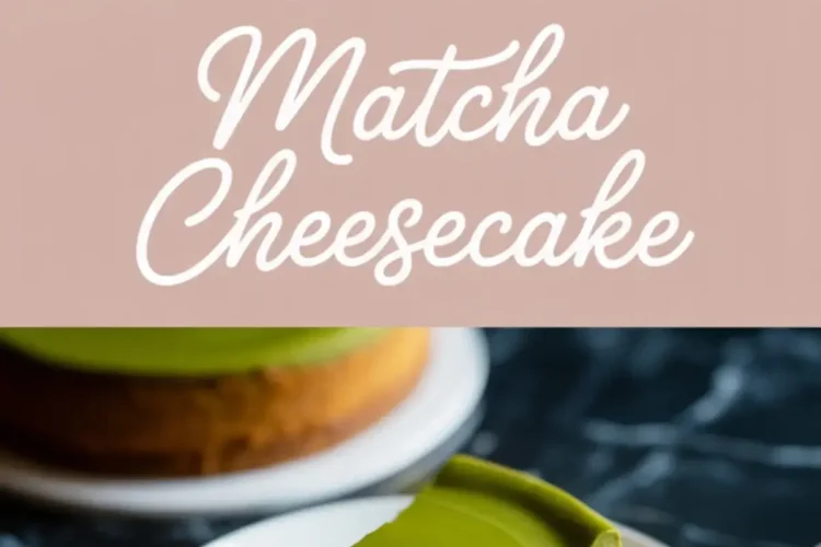 Flat-lay collage of a full matcha cheesecake with a shiny green tea topping and a single plated slice, showing the creamy texture and biscuit base on a black marble surface.