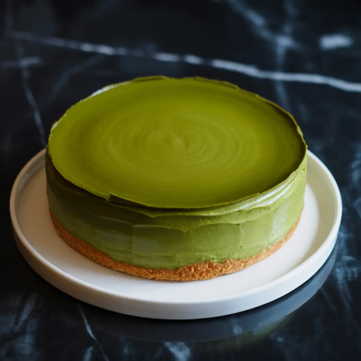 Side view of a finished matcha cheesecake with a shiny green top and even layers of creamy matcha filling and golden cookie crust, placed on a white plate over a dark marble surface.